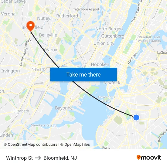 Winthrop St to Bloomfield, NJ map