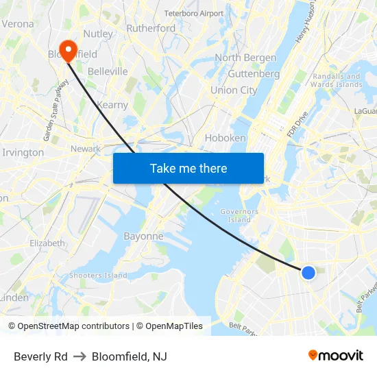 Beverly Rd to Bloomfield, NJ map