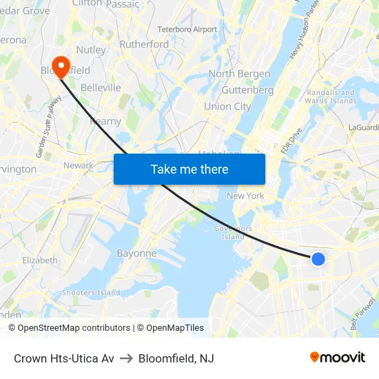 Crown Hts-Utica Av to Bloomfield, NJ map