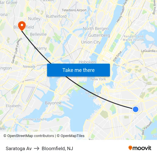Saratoga Av to Bloomfield, NJ map