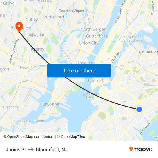 Junius St to Bloomfield, NJ map