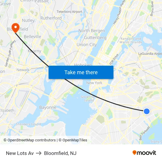 New Lots Av to Bloomfield, NJ map