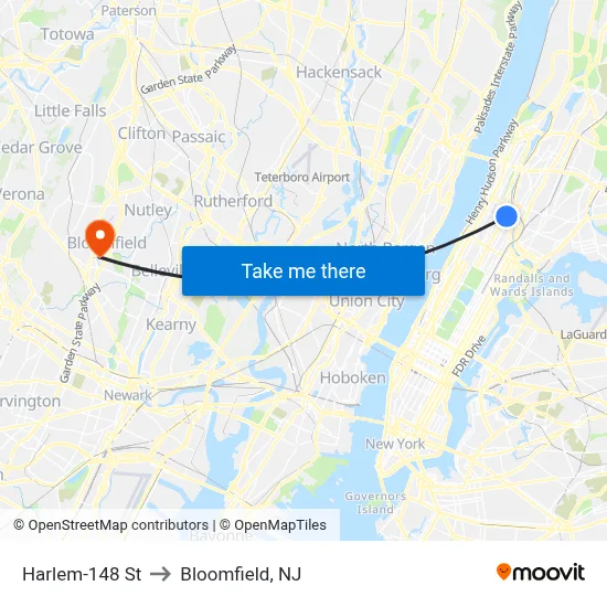 Harlem-148 St to Bloomfield, NJ map