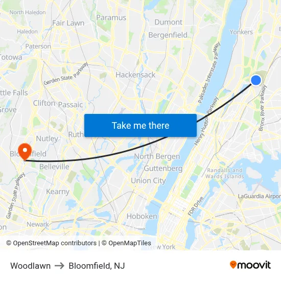 Woodlawn to Bloomfield, NJ map
