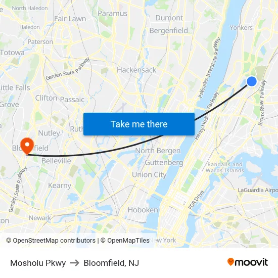 Mosholu Pkwy to Bloomfield, NJ map