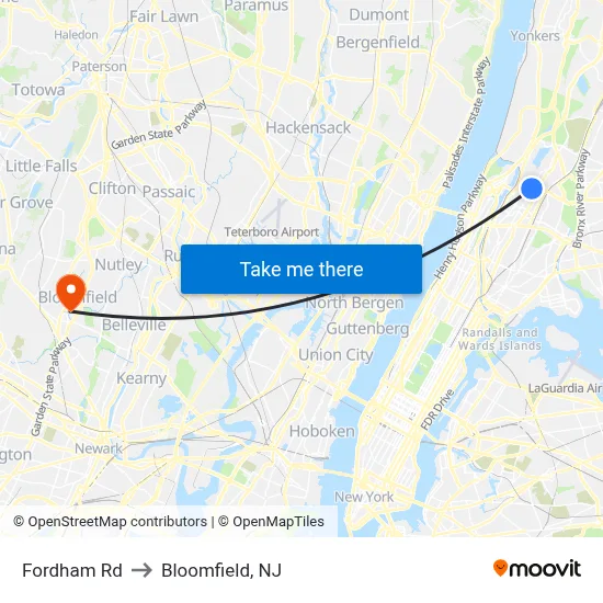 Fordham Rd to Bloomfield, NJ map
