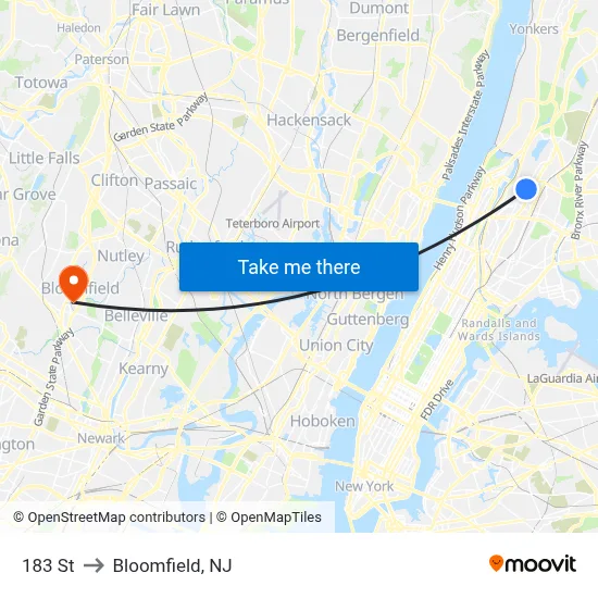 183 St to Bloomfield, NJ map