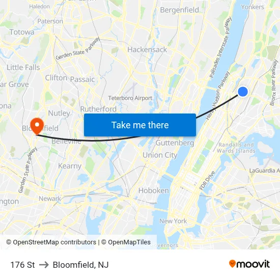 176 St to Bloomfield, NJ map