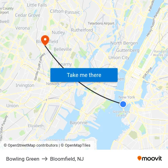 Bowling Green to Bloomfield, NJ map