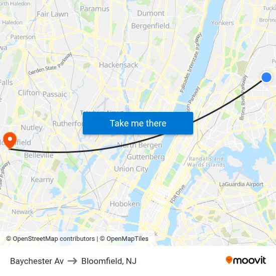 Baychester Av to Bloomfield, NJ map