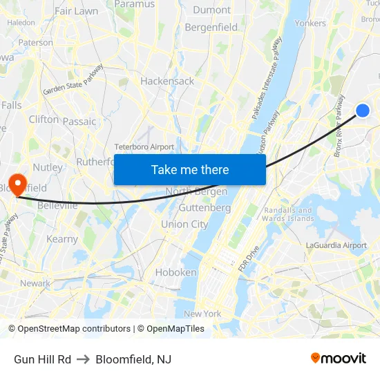 Gun Hill Rd to Bloomfield, NJ map