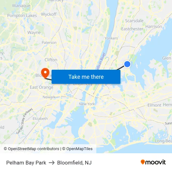 Pelham Bay Park to Bloomfield, NJ map