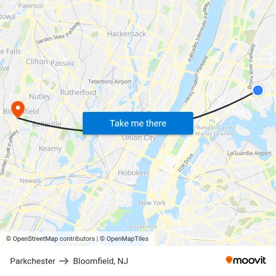 Parkchester to Bloomfield, NJ map
