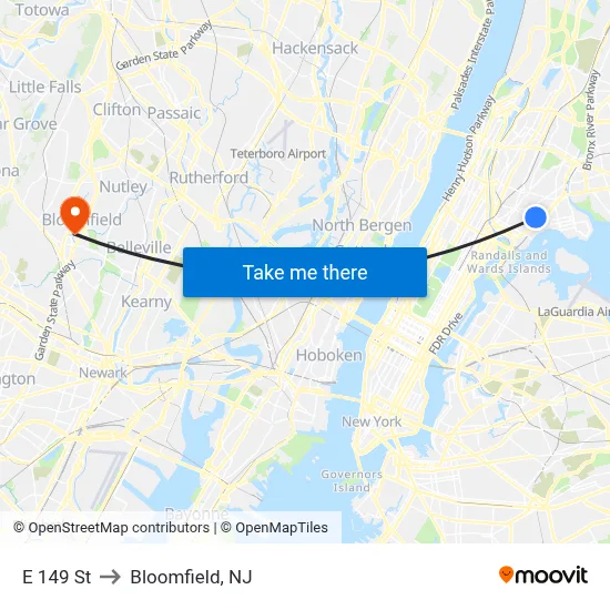 E 149 St to Bloomfield, NJ map