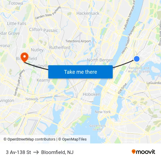 3 Av-138 St to Bloomfield, NJ map
