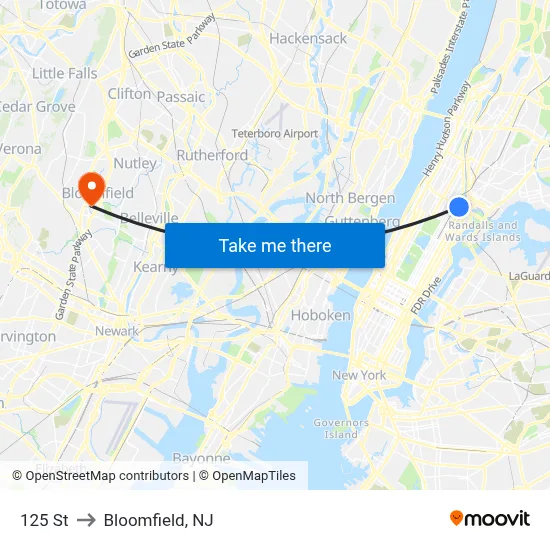 125 St to Bloomfield, NJ map