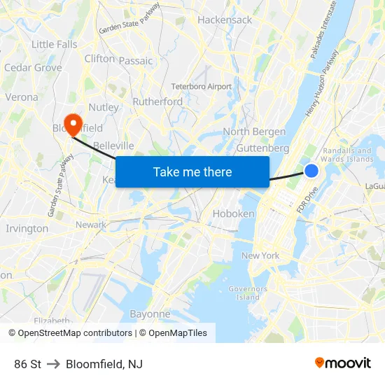 86 St to Bloomfield, NJ map