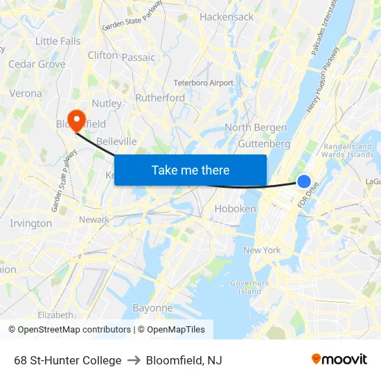 68 St-Hunter College to Bloomfield, NJ map