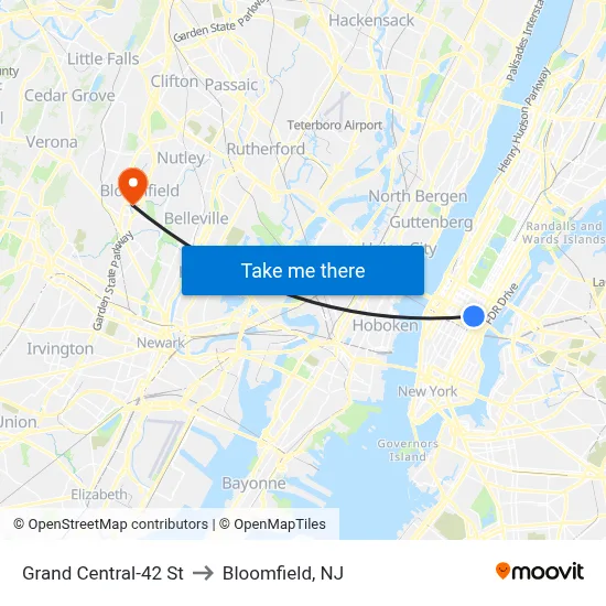 Grand Central-42 St to Bloomfield, NJ map
