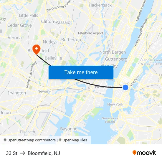 33 St to Bloomfield, NJ map