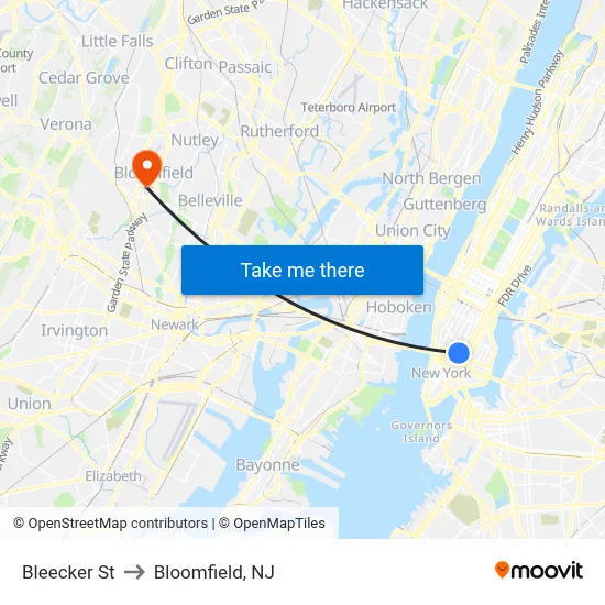 Bleecker St to Bloomfield, NJ map