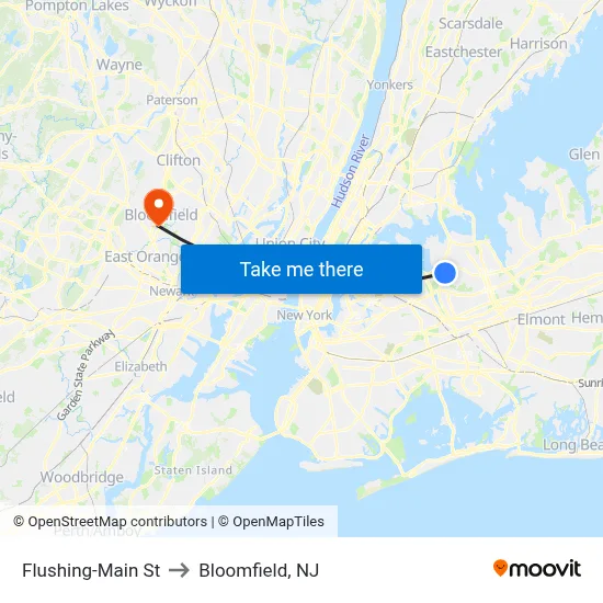 Flushing-Main St to Bloomfield, NJ map