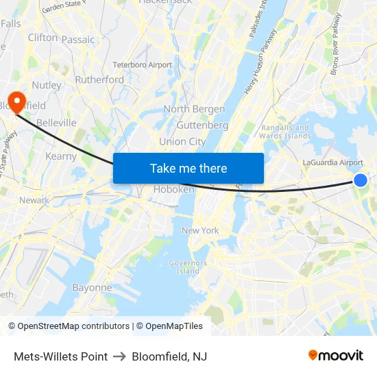 Mets-Willets Point to Bloomfield, NJ map