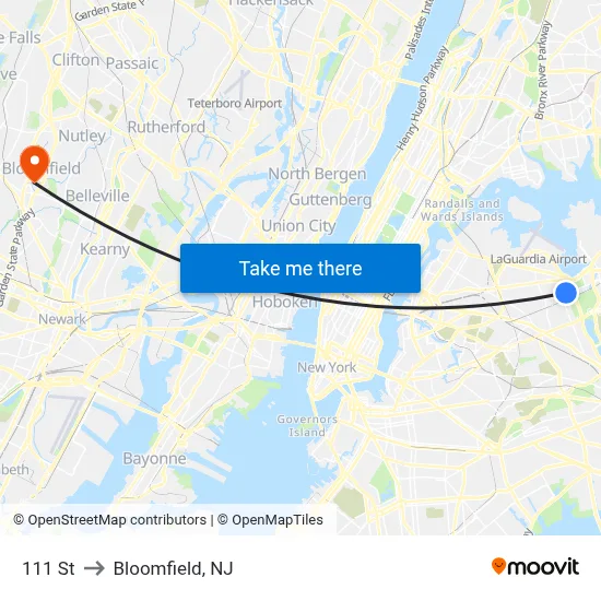 111 St to Bloomfield, NJ map