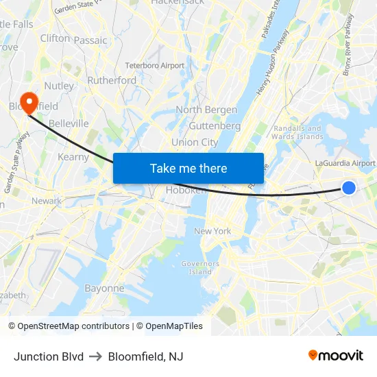 Junction Blvd to Bloomfield, NJ map
