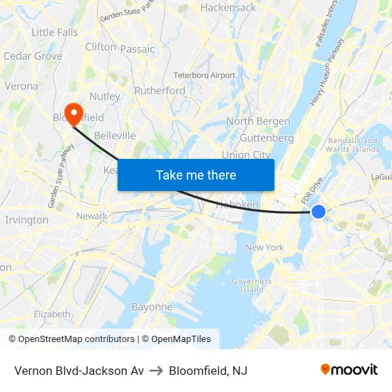 Vernon Blvd-Jackson Av to Bloomfield, NJ map