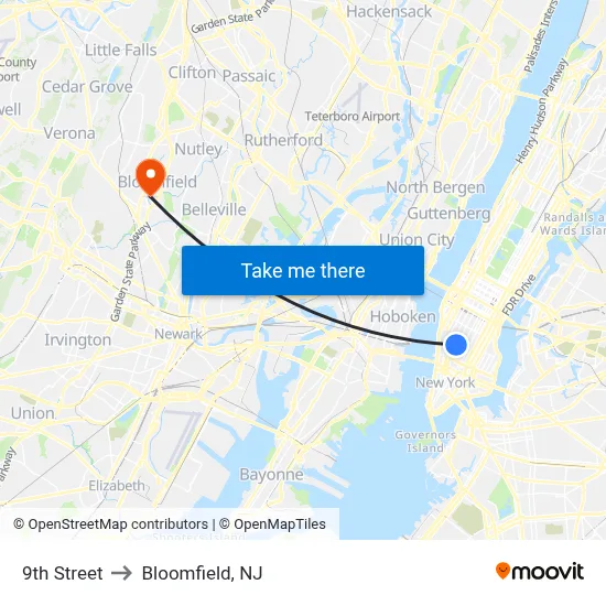 9th Street to Bloomfield, NJ map