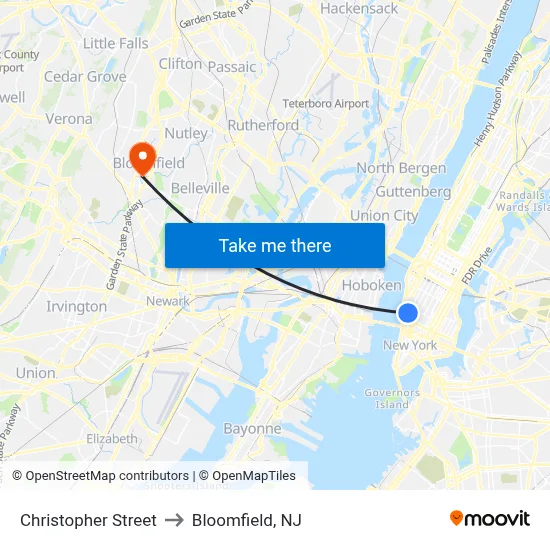 Christopher Street to Bloomfield, NJ map