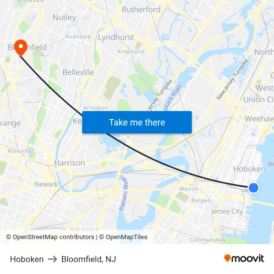 Hoboken to Bloomfield, NJ map