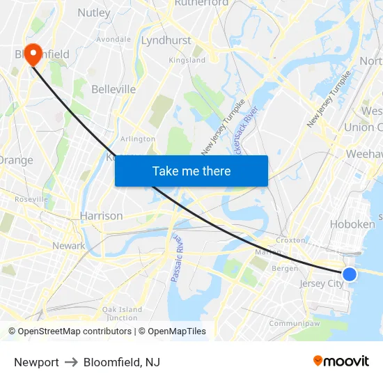 Newport to Bloomfield, NJ map