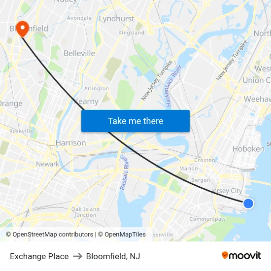 Exchange Place to Bloomfield, NJ map