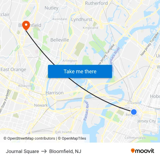 Journal Square to Bloomfield, NJ map