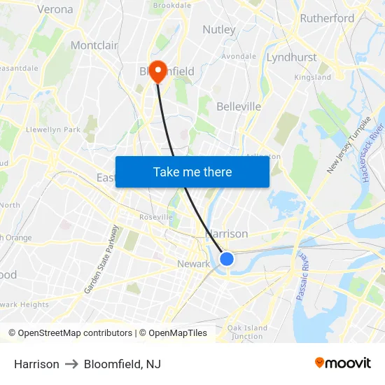 Harrison to Bloomfield, NJ map