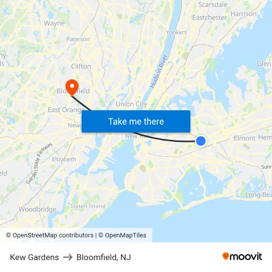 Kew Gardens to Bloomfield, NJ map