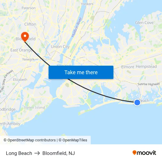 Long Beach to Bloomfield, NJ map