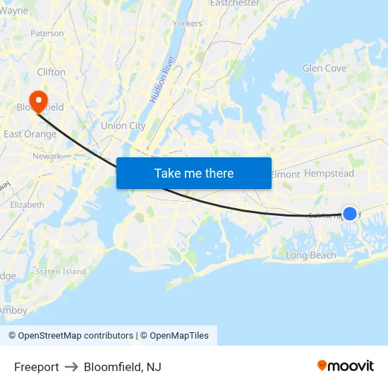 Freeport to Bloomfield, NJ map
