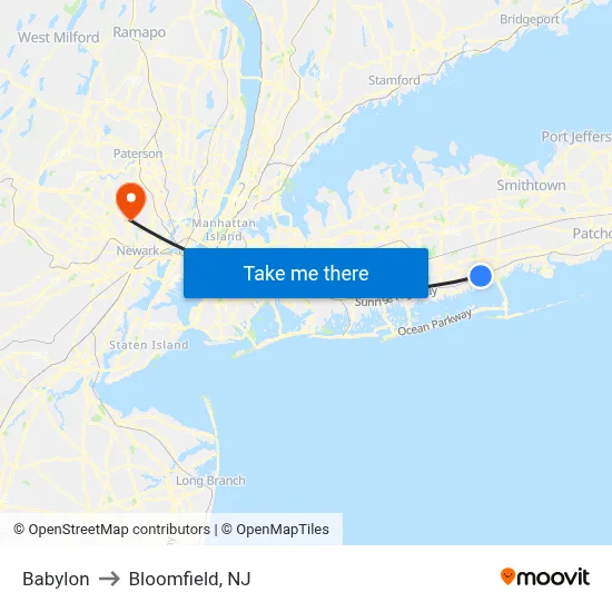 Babylon to Bloomfield, NJ map