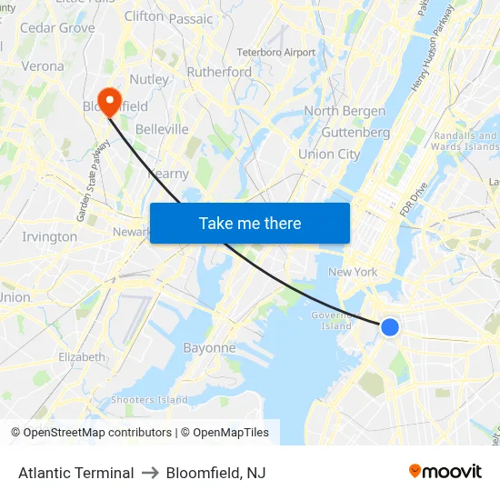 Atlantic Terminal to Bloomfield, NJ map