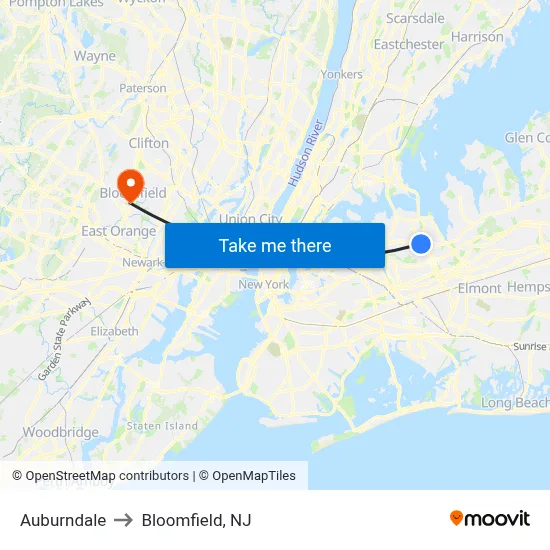 Auburndale to Bloomfield, NJ map