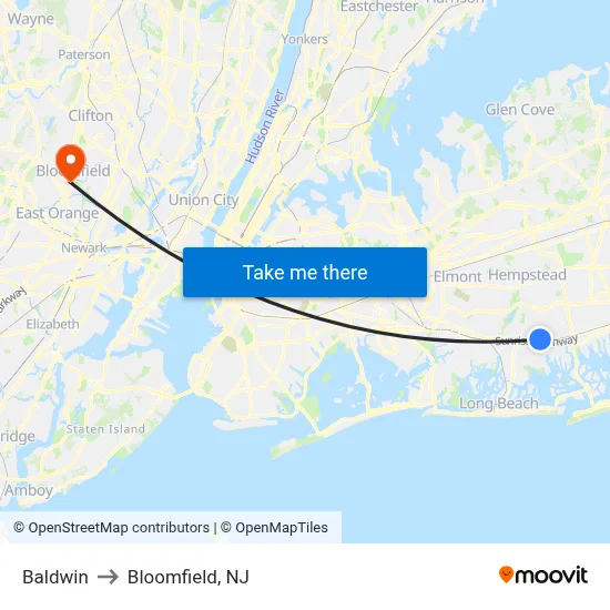 Baldwin to Bloomfield, NJ map