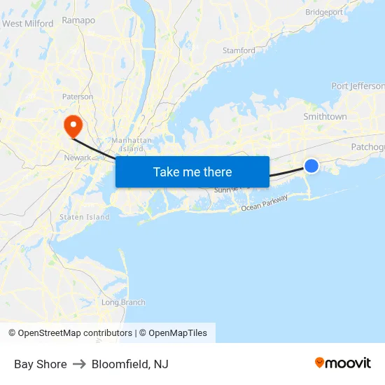 Bay Shore to Bloomfield, NJ map