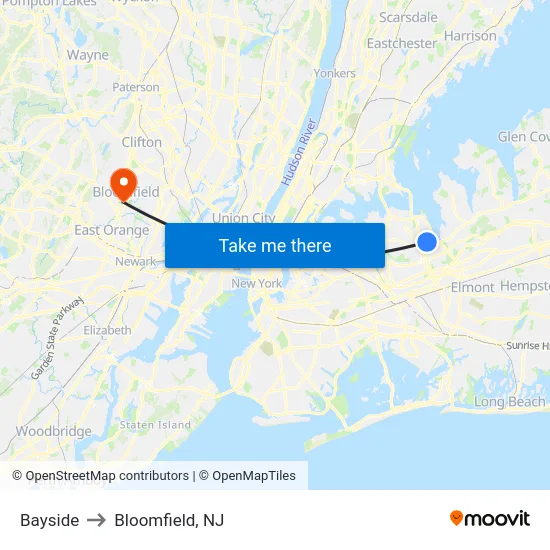 Bayside to Bloomfield, NJ map