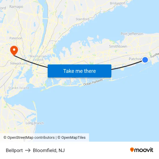 Bellport to Bloomfield, NJ map
