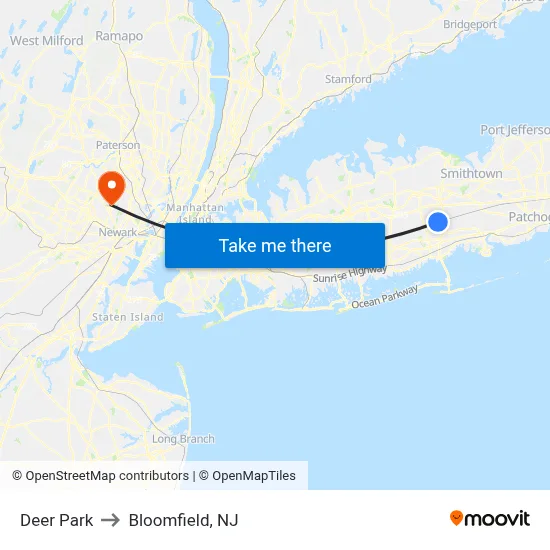 Deer Park to Bloomfield, NJ map