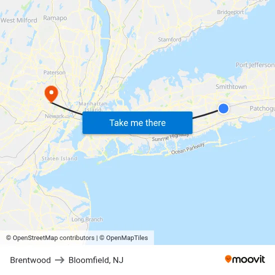 Brentwood to Bloomfield, NJ map
