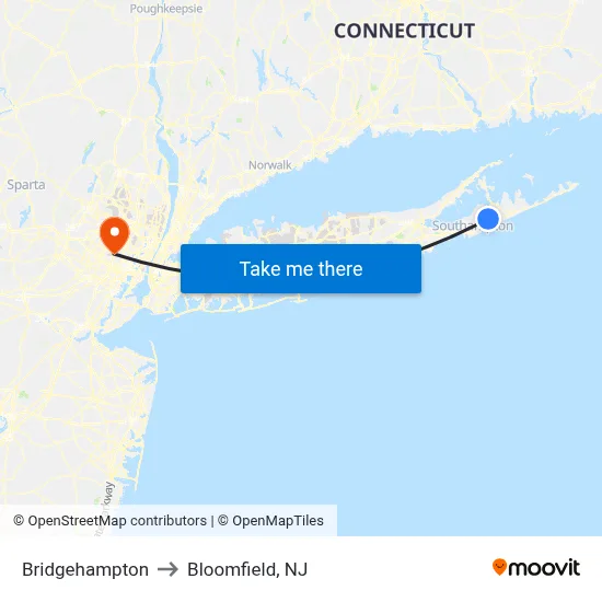 Bridgehampton to Bloomfield, NJ map